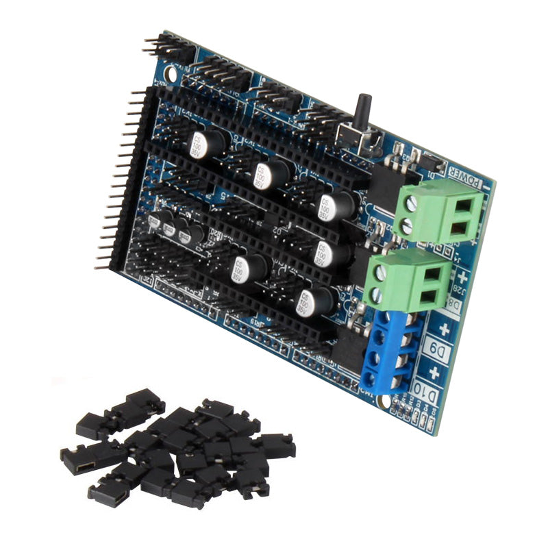 A Ramps 1.6 3D Printer Control Board from 3D Printing Perth - Cirrus Link features a blue board, black capacitors, and green connectors with additional small black connectors to enhance your 3D printing experience.