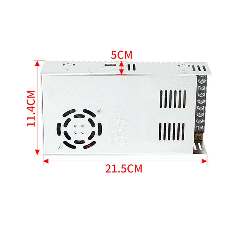 The High Quality 24V 15A Power Supply Unit by 3D Printing Perth - Cirrus Link is designed for 3D printers, featuring vent holes and terminal connections. It measures 21.5cm x 5cm x 11.4cm for optimal performance.