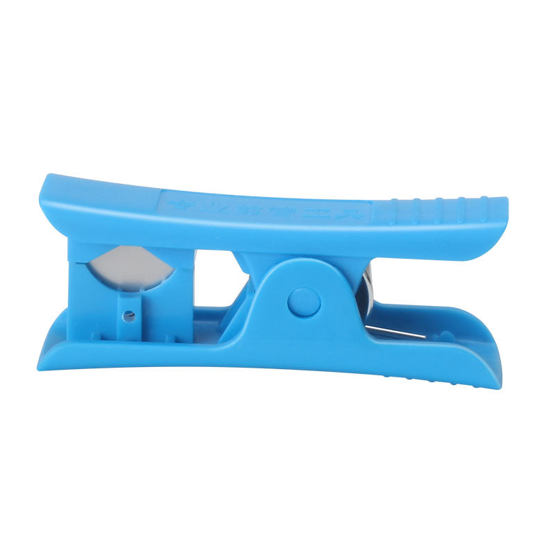 A versatile blue plastic clamp named the PTFE Teflon Tube Cutter by 3D Printing Perth - Cirrus Link features a simple lever mechanism and ridged handle, making it ideal for precision cutting or use as a Teflon tube cutter.