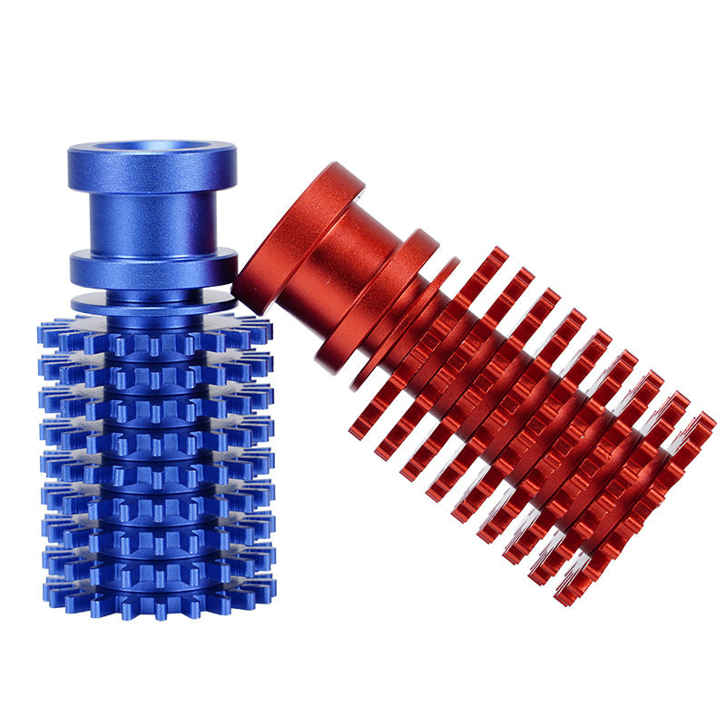 Two blue and red interlocking metallic cylindrical objects with ridged surfaces resemble parts of the V6 Upgraded Version Remote Heat Sink from 3D Printing Perth - Cirrus Link, leaning against each other like precise components of advanced 3D printers.