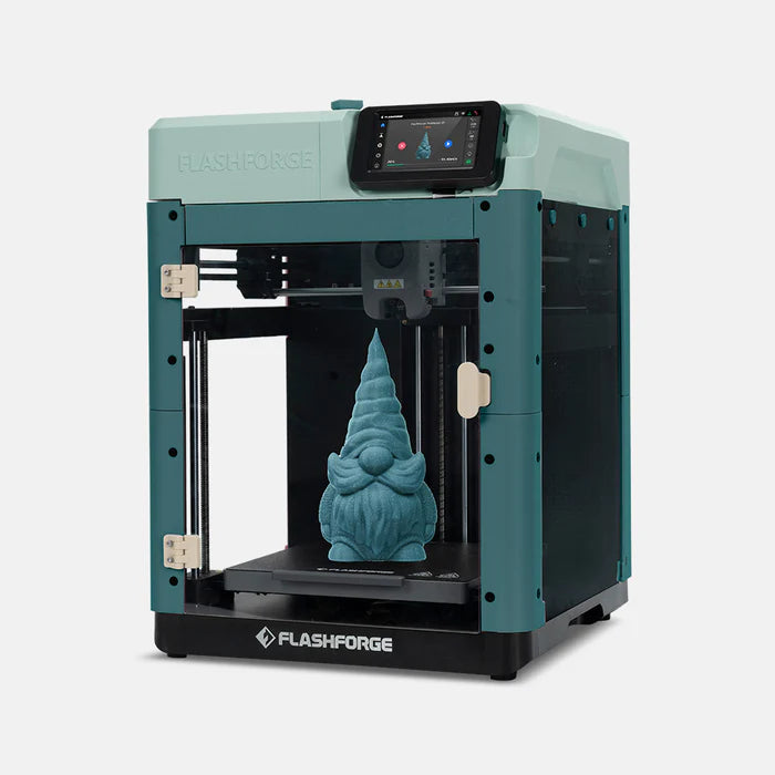 A teal 3D Printer FlashForge Adventurer 5M - High-Speed Direct Extruder with a touchscreen interface is in the process of printing a blue gnome figurine, showcasing its high-performance 3D printing and high printing speed.