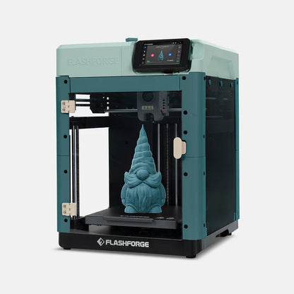 A teal 3D Printer FlashForge Adventurer 5M - High-Speed Direct Extruder with a touchscreen interface is in the process of printing a blue gnome figurine, showcasing its high-performance 3D printing and high printing speed.