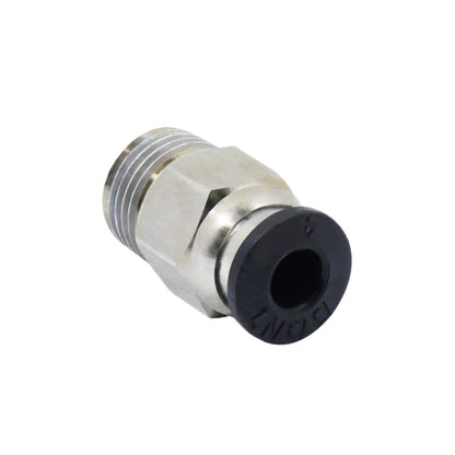 The PC4 M10 Quick Connector Steel from 3D Printing Perth - Cirrus Link is a metal pneumatic push-to-connect fitting featuring a black circular release ring and a threaded silver body, ideal for Teflon tubing in 3D printing setups.