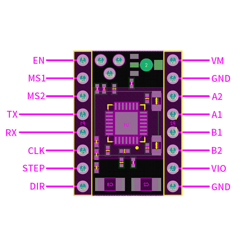 The S6609 High Performance Stepper Motor Driver by 3D Printing Perth - Cirrus Link includes a technical diagram with labeled pins: EN, MS1, MS2, TX, RX, CLK for precision and low noise. Connectors like STEP, DIR, VM, GND, A1, A2, B1, B2 are strategically placed for optimal control and current management.