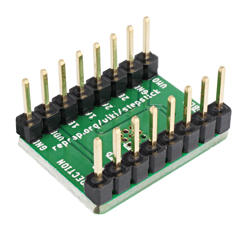 A green microcontroller board with multiple vertical gold pins and black headers, labeled with pin functions, easily integrates with the A4988 Stepper Motor Driver Module from 3D Printing Perth - Cirrus Link for precise current control and microstepping capability.