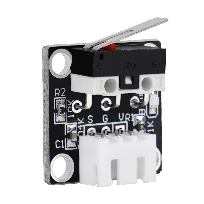 Close-up of an electronic module highlighting the EndStop Switch for CR-10 Ender-3S Mechanical Limit Micro Stroke by 3D Printing Perth - Cirrus Link, featuring a three-pin connector and lever switch, essential for precise 3D printing tasks.