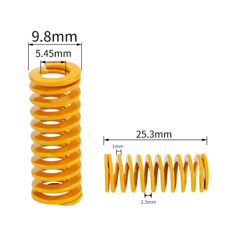 Two views of the ASR 3D Printer Bed Leveling Spring – Yellow, 26mm height, ideal for heated bed leveling, with labeled dimensions: 5.45mm inner diameter, 25.3mm length, 1mm wire thickness, and 1.5mm gap.