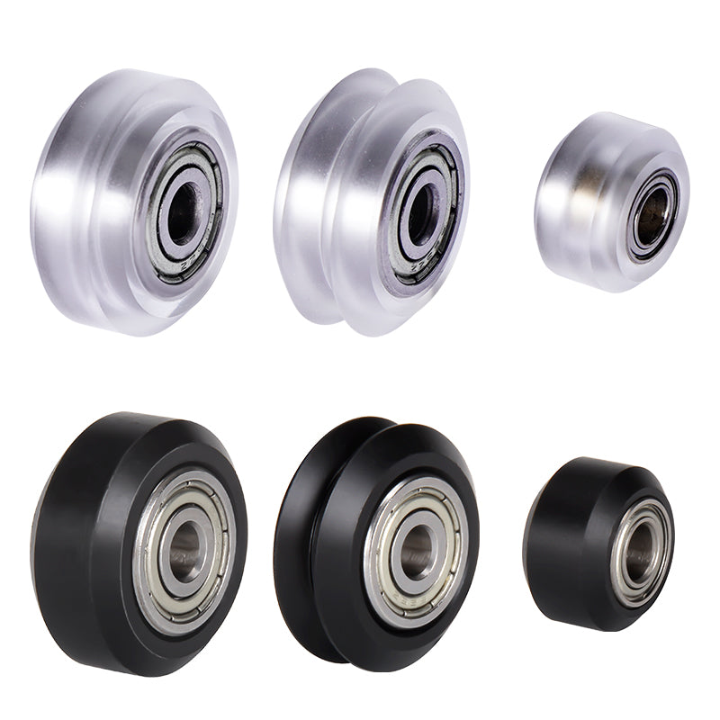 Six Pulley Wheel Small Wheel IN 5mm MR105 bearings from 3D Printing Perth - Cirrus Link, displayed against a white background: three metallic silver on top and three durable black plastic on the bottom.
