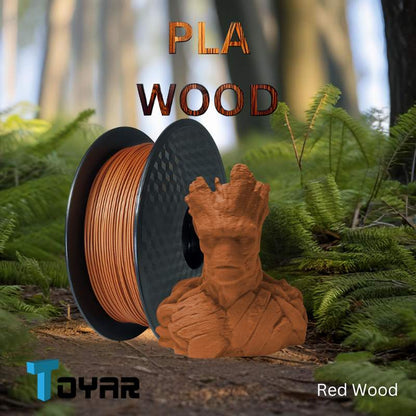 A spool of Toyar Wood filament with a Groot in the background.