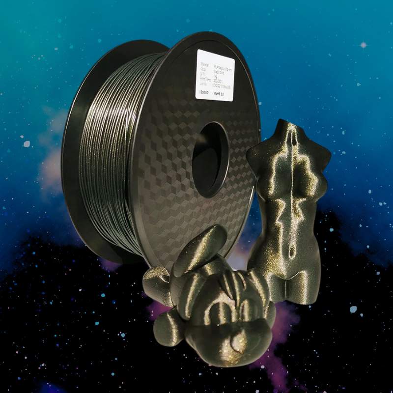 A gold Hello3D PLA Magic Colour 1.75mm 3D printing filament with a stuffed animal next to it.