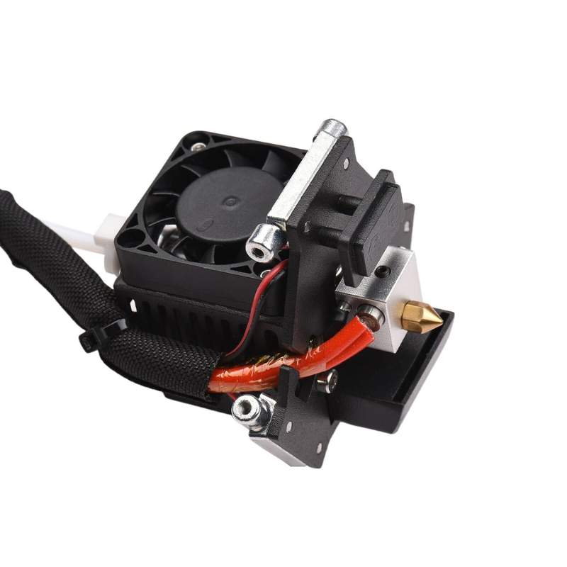 A small FLSUN fan attached to a Flsun Q5 3D printer's hotend assembly (Flsun Q5 Hotend Effector: Complete Assembly).