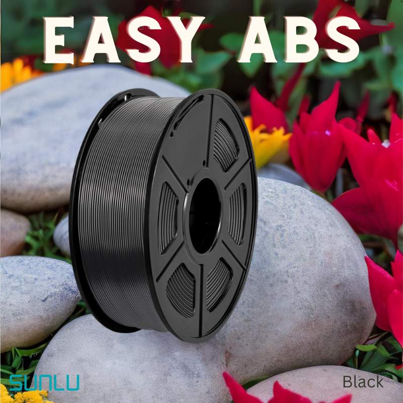 A spool of SUNLU Easy ABS 1.75mm 3D Printing Filament by SUNLU sits on smooth stones and red flowers, with "EASY ABS" displayed above.