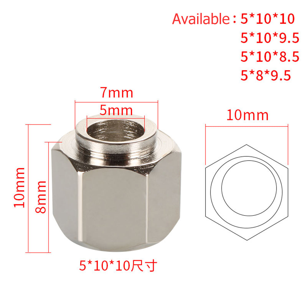 Hex nut diagram shows the Eccentric Nut Nickel Plated V Groove Hex Nut by 3D Printing Perth - Cirrus Link, featuring 10mm height, 8mm width, 7mm internal diameter, and 5mm thread size. Compatible with sizes 5*10*10 to 5*8*9.5 for mechanical precision applications.