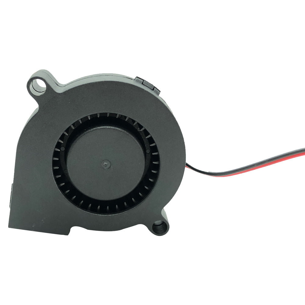A black cooling fan with wiring is depicted, showcasing the 3D Printing Perth - Cirrus Link Blower 5015 design, equipped with 24V dual ball bearing technology.