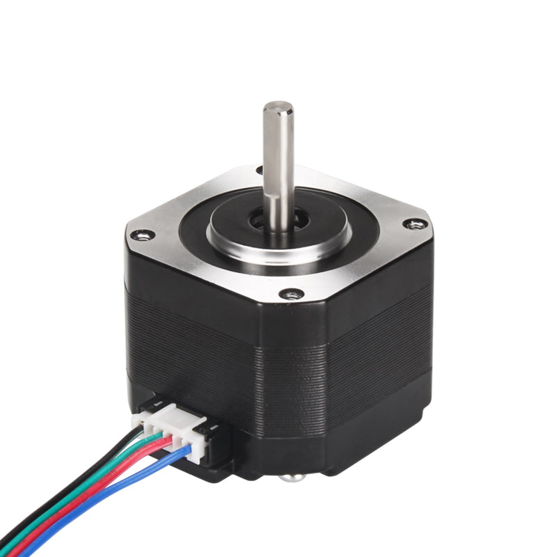 Close-up of a black 42 Stepper Motor from 3D Printing Perth - Cirrus Link, featuring four wires, a silver mounting plate, and shaft—perfect for 3D printers or precision in Titan Extruder assemblies.