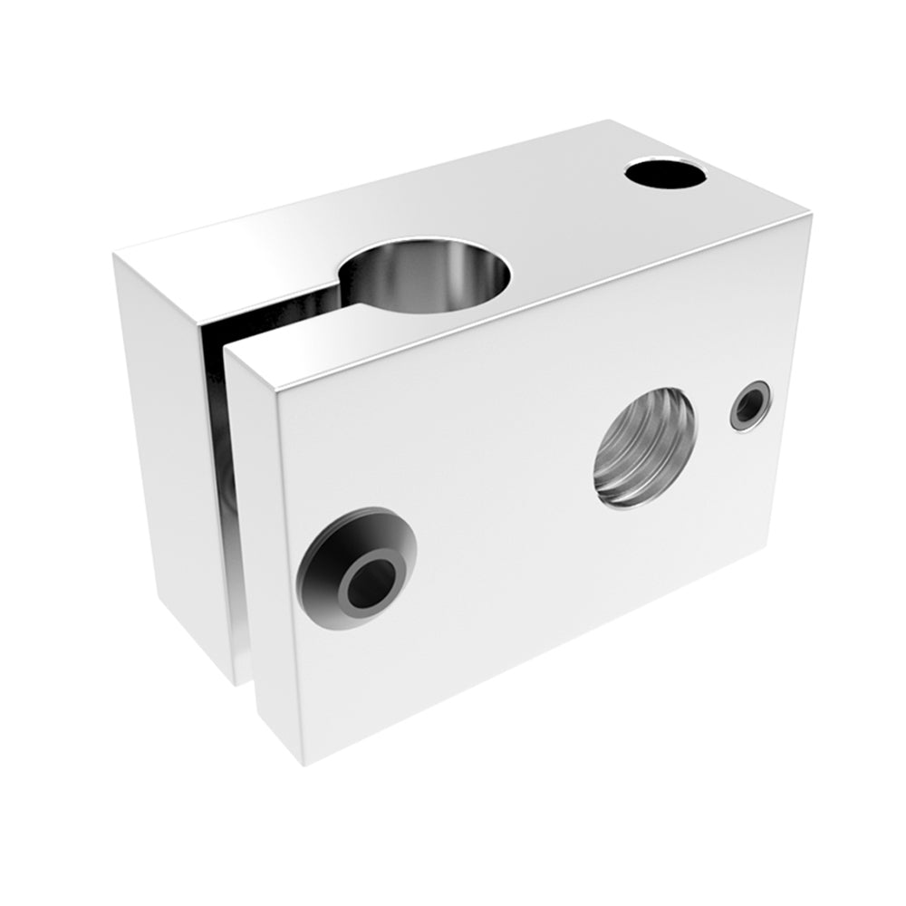 This High Quality E3D V6 PT100 Heat Block 550C by 3D Printing Perth - Cirrus Link is a metallic rectangular component with holes and grooves, designed for use in E3D V6 setups or similar devices, functioning often as a heat block and supporting PT100 sensors for precise temperature readings.
