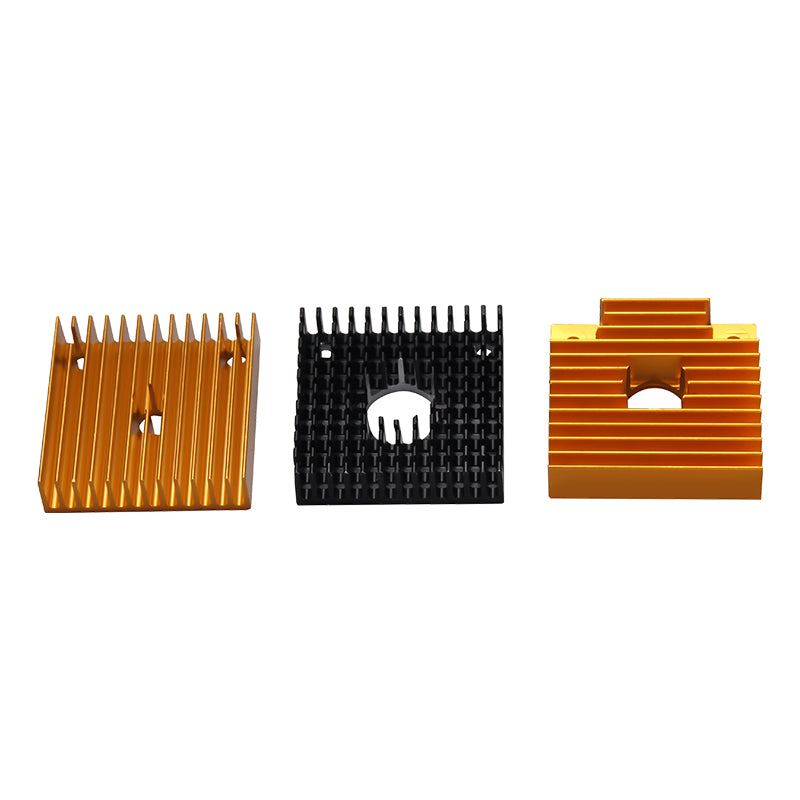 Three 3D Printing Perth - Cirrus Link MK7 MK8 Heat Sink 40x40x11mm units—two gold, one black—are shown in a row, each with unique fin designs and central holes, perfect for 3D printer extruders.