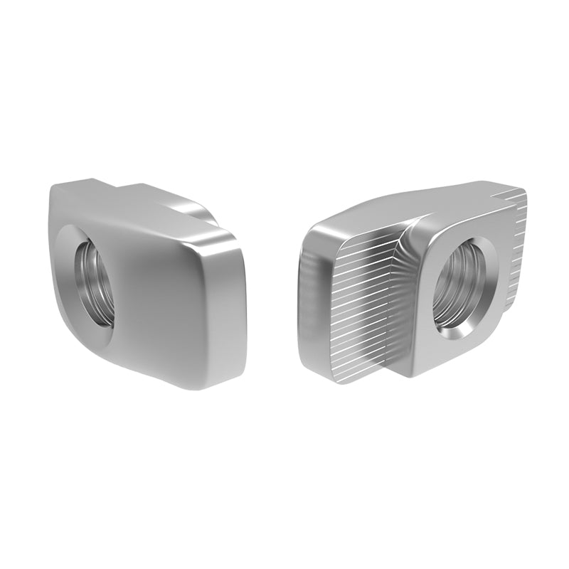 Two shiny, silver Aluminum Profile Nuts 2020 from 3D Printing Perth - Cirrus Link with threaded holes, each shaped irregularly, rest on a white background.