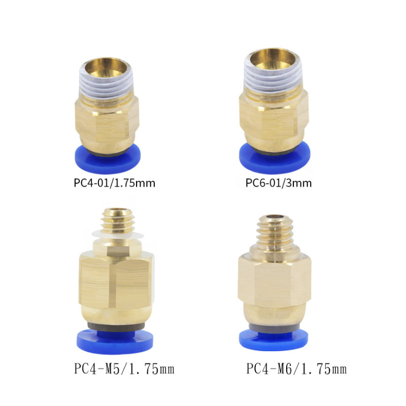 Four brass fittings from the 3D Printing Perth - Cirrus Link brand, labeled: PC4-01/1.75mm, PC6-01/3mm, PC4-M5/1.75mm, and PC4-M6/1.75mm. Each features blue bases and white threading to ensure secure connections in pneumatic systems using Teflon tubes, specifically designed as Pneumatic Quick Connectors for efficient setup.