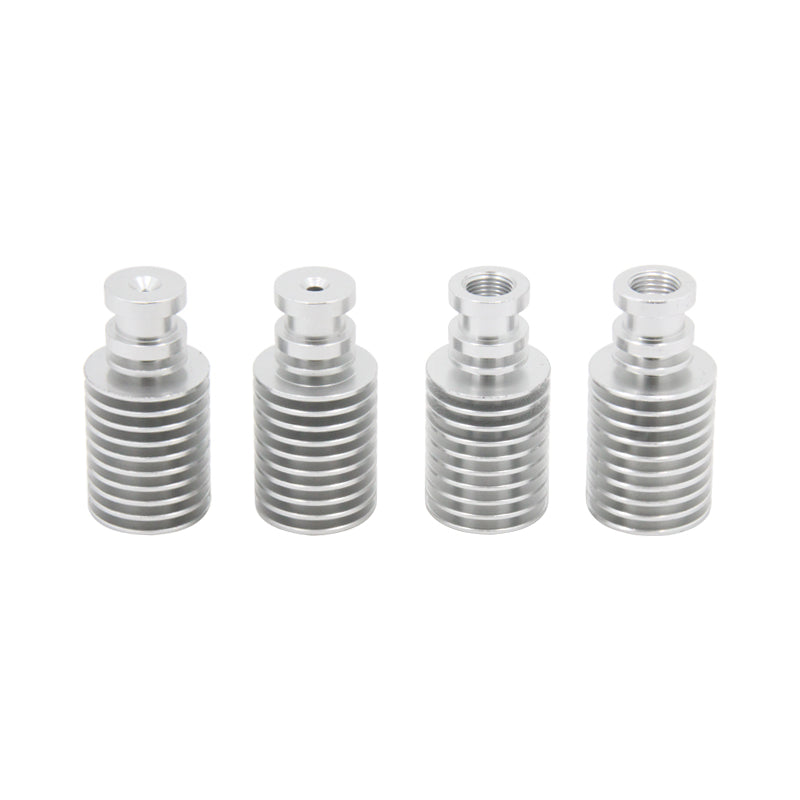 Four silver, cylindrical metal screws featuring ridged bodies and threaded holes rest on a simple white background, perfectly suited for securing the E3D V5 Heat Sink Remote 1.75mm for Bowden Extruder from 3D Printing Perth – Cirrus Link, ensuring efficient thermal management applications.