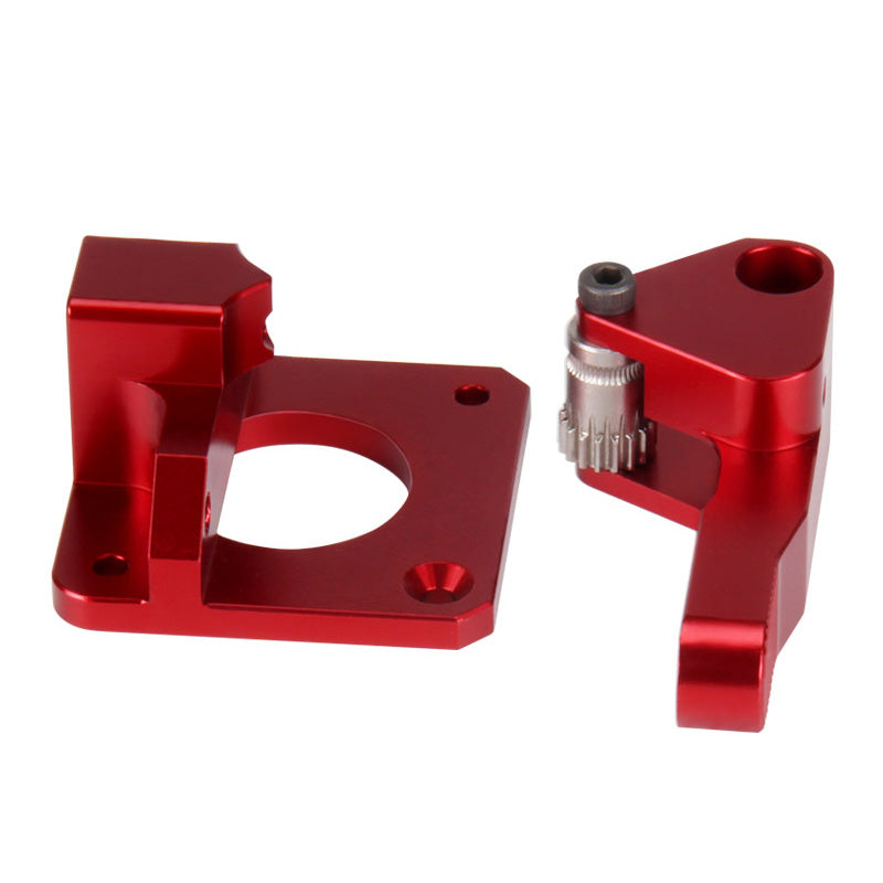 Two Cr10 Red Extruder Left Hand 175mm brackets from 3D Printing Perth - Cirrus Link, featuring a circular cutout and gear mount. Precision metal parts for CR10S extruder upgrades, shown on a white background.