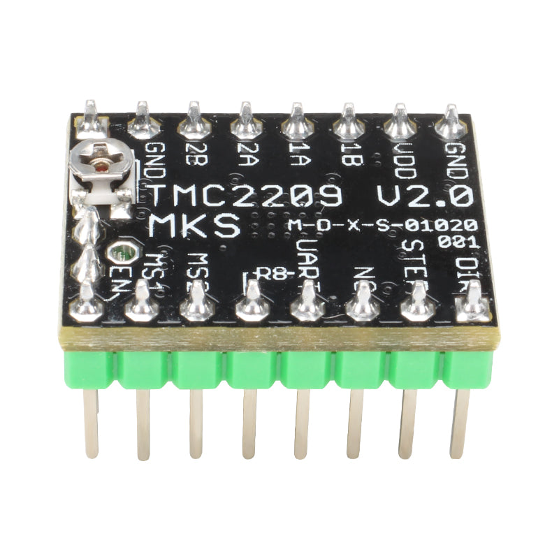 Close-up of a 3D Printing Perth - Cirrus Link TMC2209 Stepper Motor Driver Ultra Quiet High Current, showcasing green pins and labeled connections on a black circuit board. This component boosts 3D printer precision and efficiency for smooth operation and superior prints.