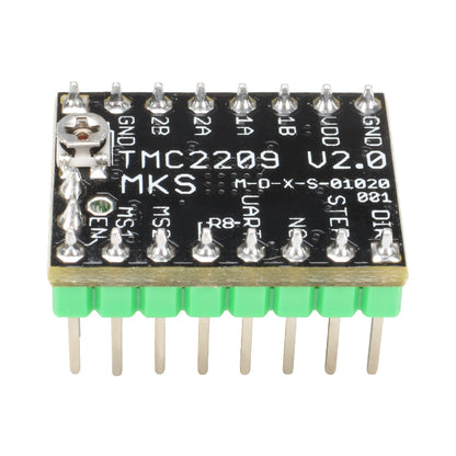 Close-up of a 3D Printing Perth - Cirrus Link TMC2209 Stepper Motor Driver Ultra Quiet High Current, showcasing green pins and labeled connections on a black circuit board. This component boosts 3D printer precision and efficiency for smooth operation and superior prints.