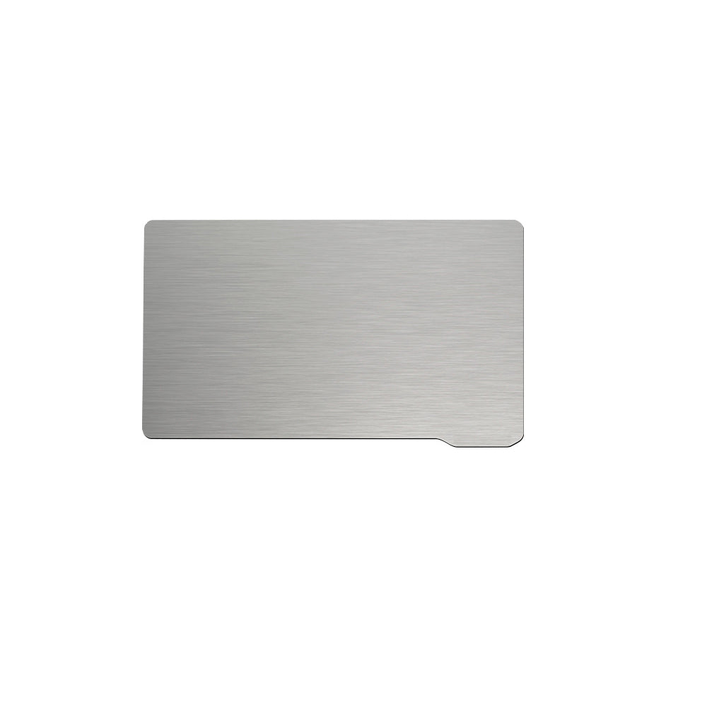 A product image of the SLA / DLP / LCD Steel Sheet Film for resin printers by 3D Printing Perth - Cirrus Link shows a rectangular metal plate with slightly rounded corners placed on a plain white background.