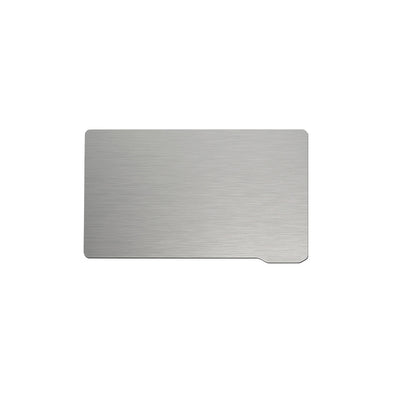 A product image of the SLA / DLP / LCD Steel Sheet Film for resin printers by 3D Printing Perth - Cirrus Link shows a rectangular metal plate with slightly rounded corners placed on a plain white background.