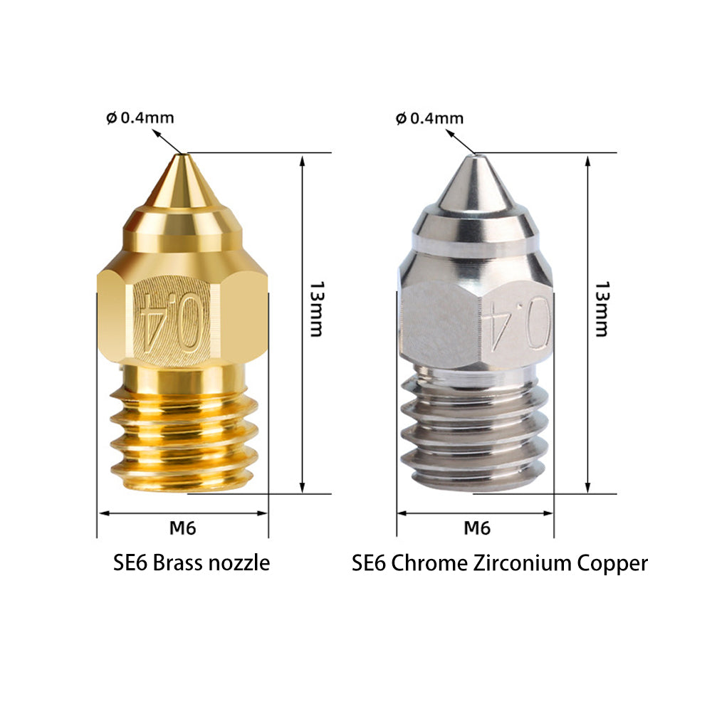 The Creality CR-6 SE uses the Brass Nozzle compatible with Ender-3 CR-6 from 3D Printing Perth - Cirrus Link, featuring two "0.4" nozzles made of brass and chrome-zirconium copper, both 13mm high and M6 thread, ideal for precise 3D printing.