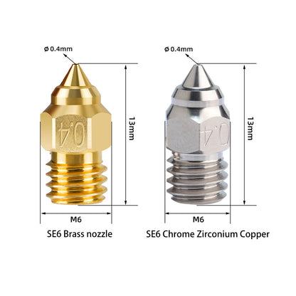 The Creality CR-6 SE uses the Brass Nozzle compatible with Ender-3 CR-6 from 3D Printing Perth - Cirrus Link, featuring two "0.4" nozzles made of brass and chrome-zirconium copper, both 13mm high and M6 thread, ideal for precise 3D printing.