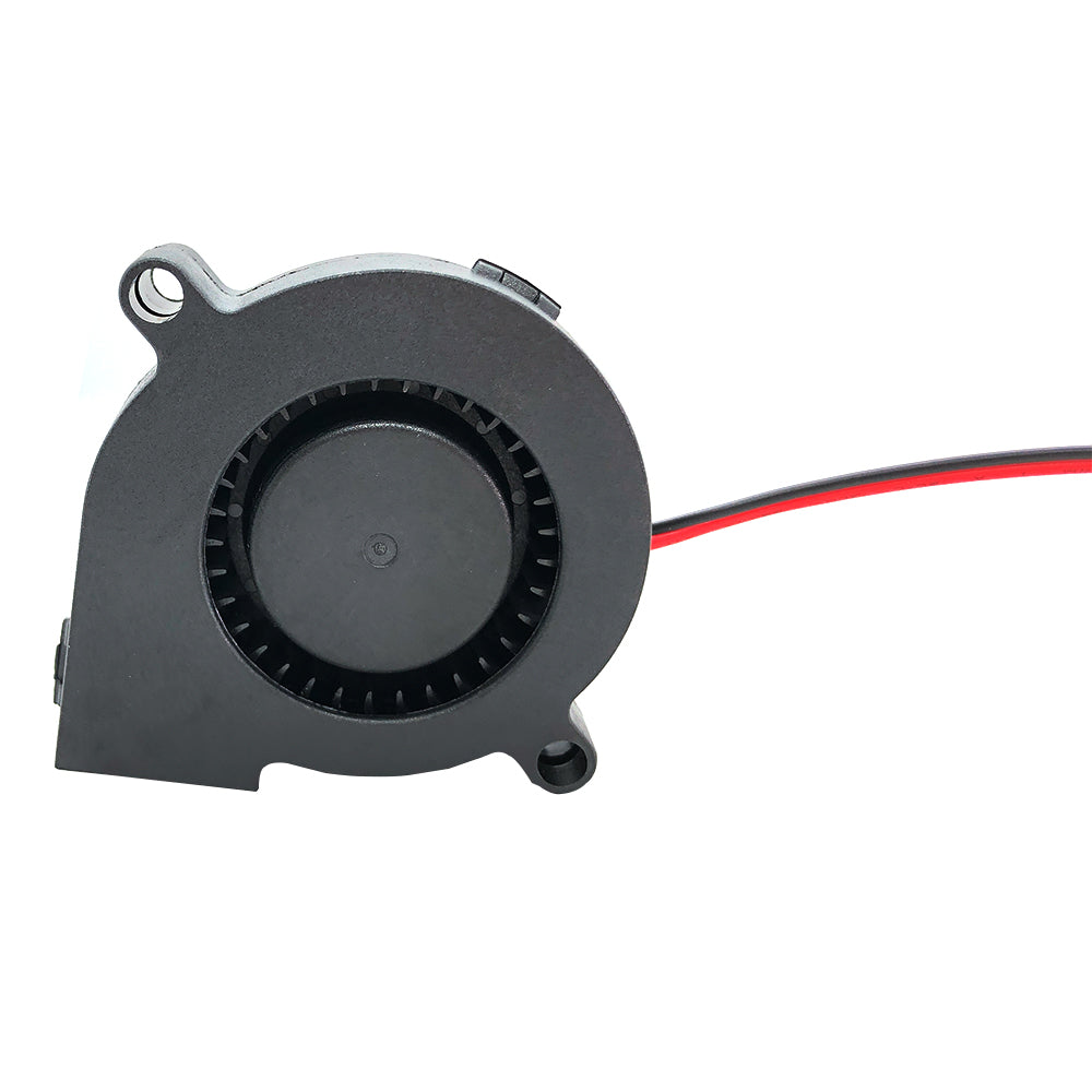 The Blower 5015 12V Dual Ball Bearing Fan from 3D Printing Perth - Cirrus Link, with its black cooling fan and red and black wires, is an ideal cooling solution for electronic devices. Its circular shape and visible air vents make it perfect for enhancing airflow in 3D printing setups.
