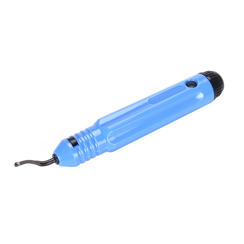 Introducing the 3D Printing Model Deburring Cutter Head and Hand-made Polishing Tool by 3D Printing Perth - Cirrus Link, featuring a detachable blue handle and a black tip with a curved metal blade, ideal for neatening edges after your 3D printing projects.