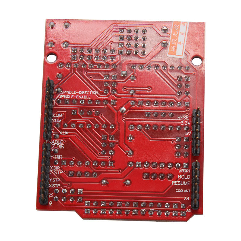 The CNC Shield V3 Engraving Machine Development Board by 3D Printing Perth - Cirrus Link is a red circuit board with labeled pathways, ports, and mounting holes. It integrates seamlessly for enhanced performance and functionality in electronic connections and 3D printer setups.
