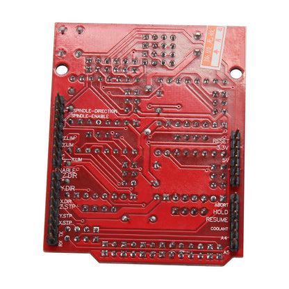 The CNC Shield V3 Engraving Machine Development Board by 3D Printing Perth - Cirrus Link is a red circuit board with labeled pathways, ports, and mounting holes. It integrates seamlessly for enhanced performance and functionality in electronic connections and 3D printer setups.