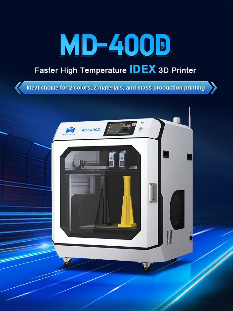 MINGDA 3D Printer MINGDA MD-400D for Education 400 X 400 X 400mm 2024 Model, featuring a large build volume and suitable for dual-color, dual-material, and mass production printing, shown with two nozzles and printing samples.