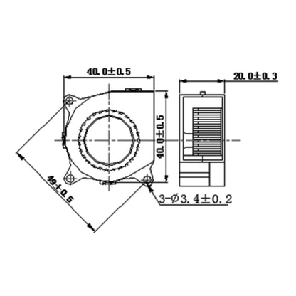Technical schematic of the Blower 4020 24V Dual Ball Bearing Fan by 3D Printing Perth - Cirrus Link. It features a front view displaying a 40x40mm square with a circular opening, and a side view depicting its 20mm depth. Designed for optimal use in 3D printing applications, it includes detailed mounting hole specifics and tolerances.