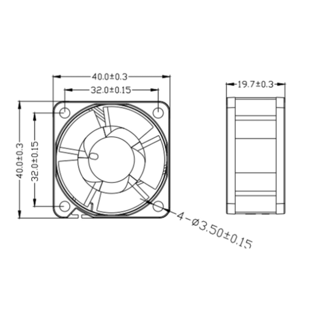The technical drawing of the 4020 12V Dual Ball Bearing Cooling Fan by 3D Printing Perth - Cirrus Link shows a front view with a width and height of 40±0.3mm, blade diameter 32±0.15mm, and side depth of 19.7±0.3mm, featuring mount holes 3.50±0.15mm for optimal cooling performance with durability.
.