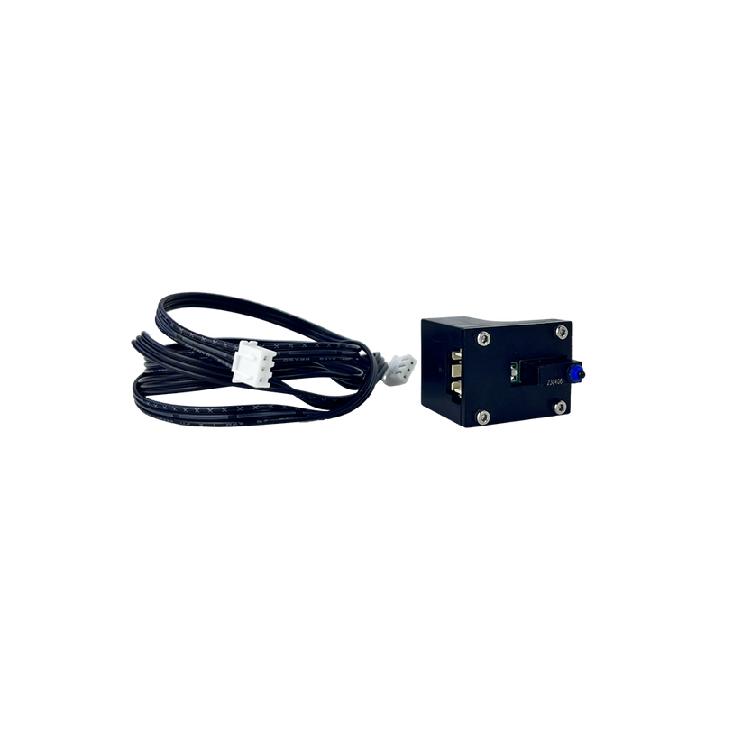 Beside a coiled black cable with white connectors rests a Flsun Automatic Leveling Switch for the V400 3D Printers, featuring a black electronic component with two ports and a blue knob.