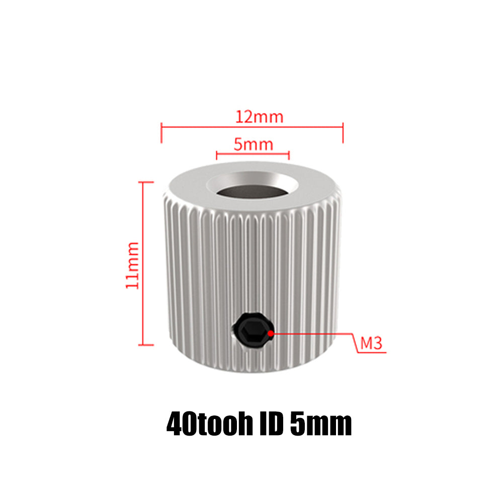 The 40 Tooth Stainless Steel Feed Wheel by 3D Printing Perth - Cirrus Link features a silver toothed cylinder with a 12mm diameter, 11mm height, and a 5mm inner diameter. It has an M3 screw hole and is ideal for precision engineering in 3D printing applications.