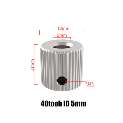 The 40 Tooth Stainless Steel Feed Wheel by 3D Printing Perth - Cirrus Link features a silver toothed cylinder with a 12mm diameter, 11mm height, and a 5mm inner diameter. It has an M3 screw hole and is ideal for precision engineering in 3D printing applications.