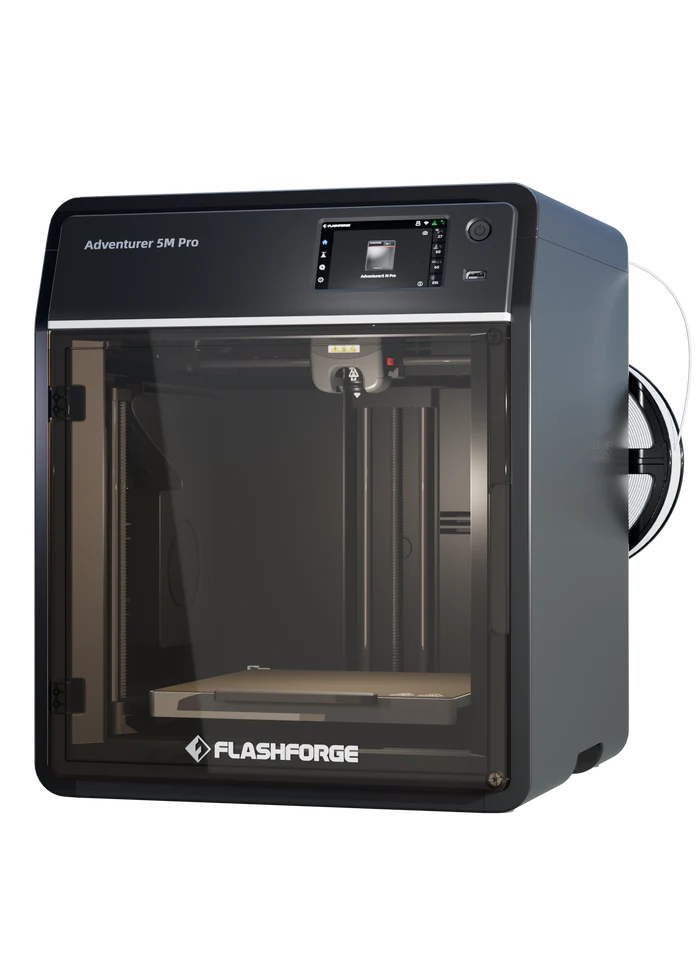 The FlashForge Adventurer 5M Pro 3D printer features a transparent front door, digital control panel, visible build area, and internal parts—engineered by FlashForge for fast setup and safe use at home or in schools.