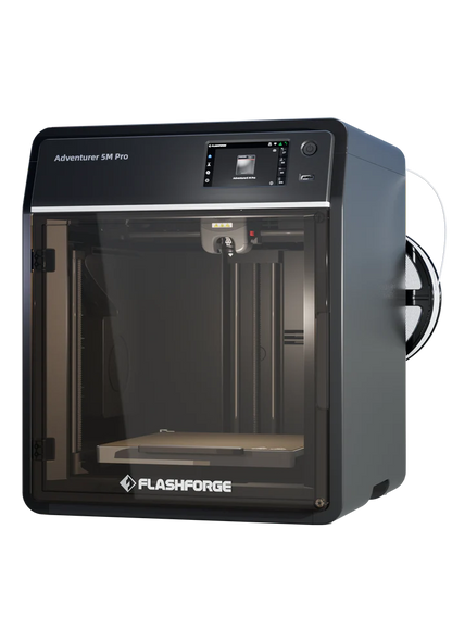 The FlashForge Adventurer 5M Pro 3D printer features a transparent front door, digital control panel, visible build area, and internal parts—engineered by FlashForge for fast setup and safe use at home or in schools.