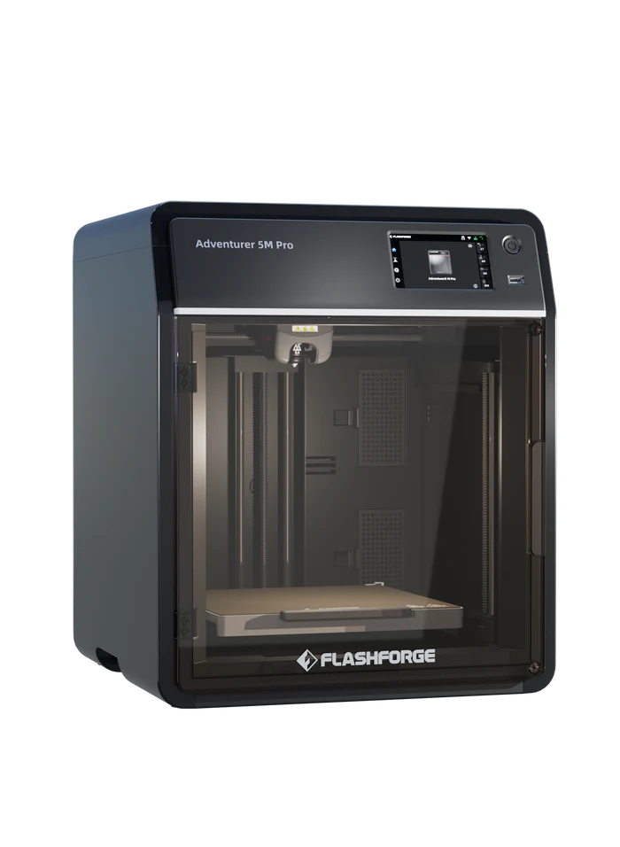 The FlashForge Adventurer 5M Pro 3D printer by FlashForge features a transparent front door and digital control panel, designed for quick setup and fast printing, shown against a plain background.