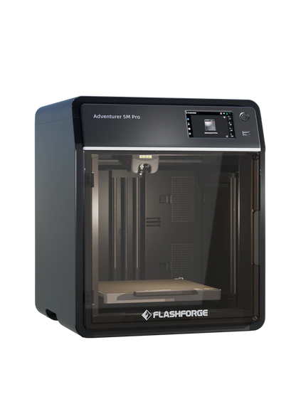 The FlashForge Adventurer 5M Pro 3D printer by FlashForge features a transparent front door and digital control panel, designed for quick setup and fast printing, shown against a plain background.