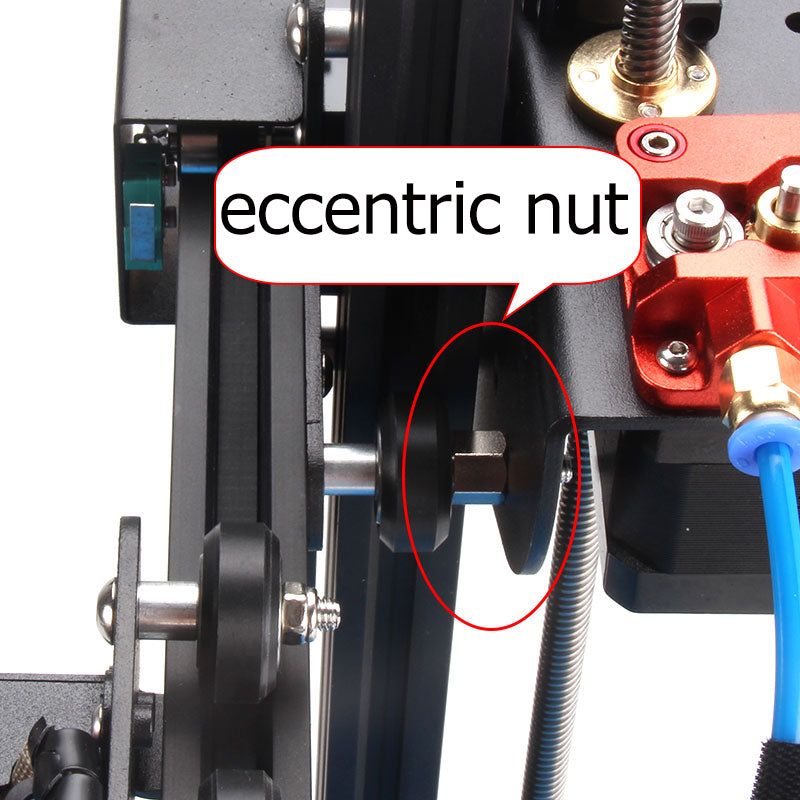 Close-up of a 3D printer highlighting "Eccentric Nut Nickel Plated V Groove Hex Nut Inner Hole" by 3D Printing Perth - Cirrus Link, with the nut circled in red and labeled in a text bubble.