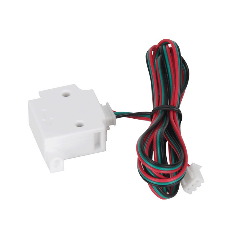 A white plastic connector with two mounting holes is attached to wires in red, black, and green colors ending in a small plug, showcasing advanced technology by 3D Printing Perth - Cirrus Link found in their 3D Printing Filament Detector for detecting broken filament.