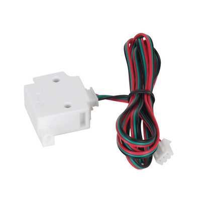 A white plastic connector with two mounting holes is attached to wires in red, black, and green colors ending in a small plug, showcasing advanced technology by 3D Printing Perth - Cirrus Link found in their 3D Printing Filament Detector for detecting broken filament.