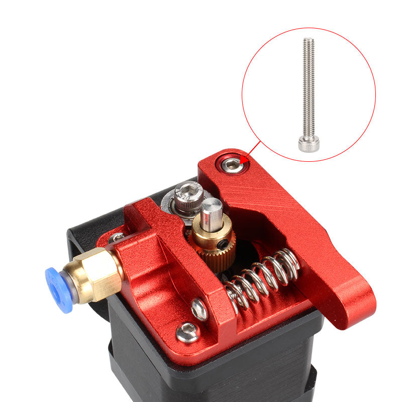 Close-up of a red metal extruder for a 3D printer with a spring mechanism. Inset highlights the precision and durability of a 304 Grade M3 Stainless Steel Hexagon Socket Screw by 3D Printing Perth - Cirrus Link, positioned vertically.