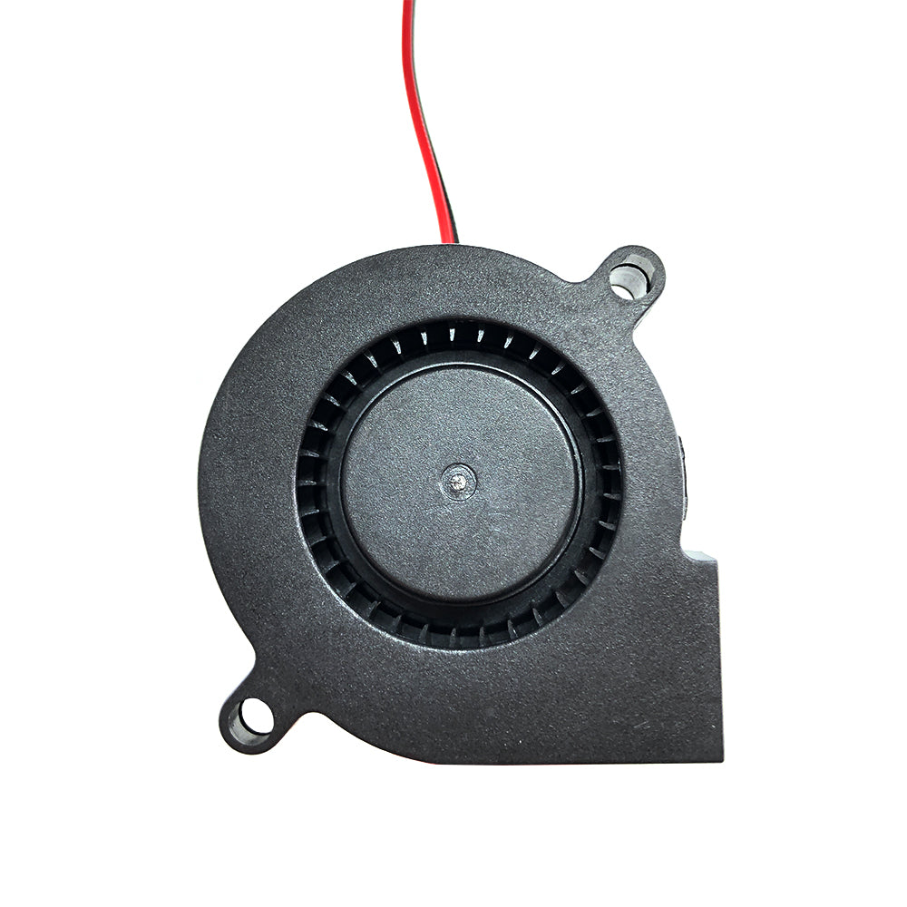A top-performing black circular cooling fan with a plastic casing and dual red-and-black wires extending from the top, similar to the Blower 5015 24V 6200 RPM model by 3D Printing Perth - Cirrus Link.